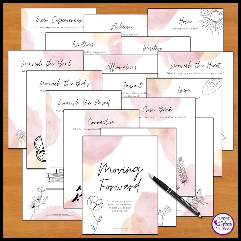 May include: A set of printable worksheets with watercolor backgrounds and black line drawings. The worksheets are designed to help with self-reflection and personal growth. The titles of the worksheets include "New Experiences", "Achieve", "Emotions", "Nourish the Soul", "Nourish the Body", "Nourish the Mind", "Connection", "Impact", "Give Back", "Learn", "Hope", "Positive", "Affirmations", and "Nourish the Heart".