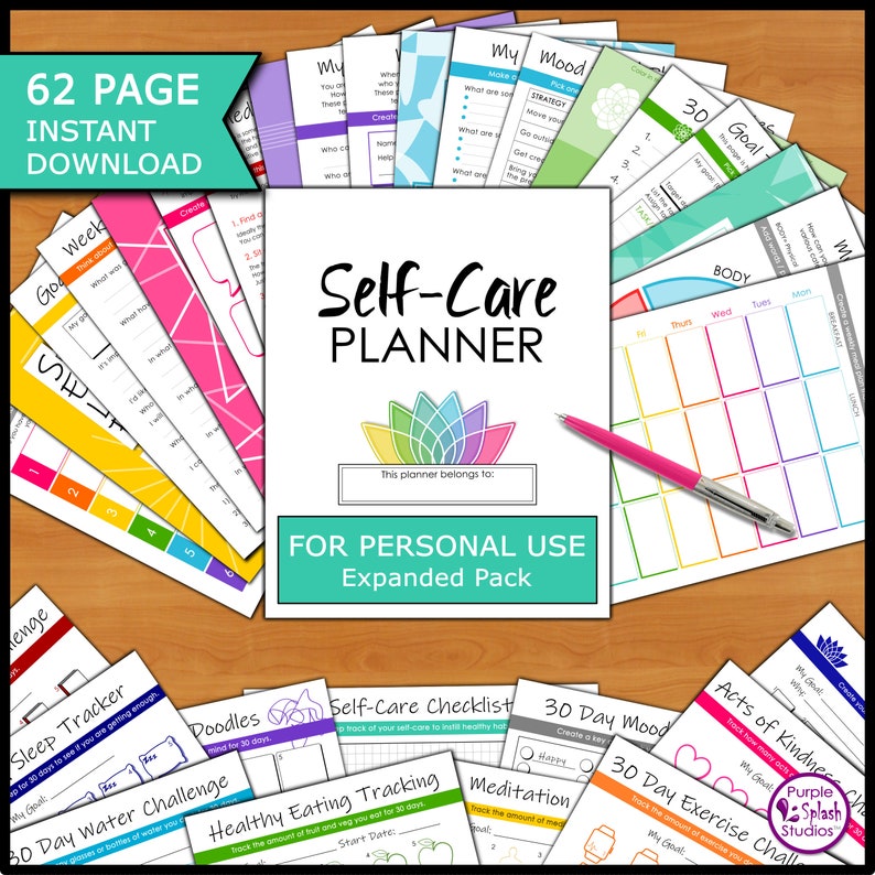 May include: A 62-page self-care planner with a colorful flower design on the cover. The planner includes sections for goal setting, mood tracking, sleep tracking, healthy eating, meditation, and more. The planner is for personal use and is part of an expanded pack.