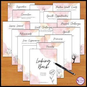 May include: A printable set of 12 journaling prompts with watercolor backgrounds and black line drawings. The prompts are designed to help you reflect on the past year and include topics like inspiration, connection, lessons learned, achievements, new experiences, world challenges, personal challenges, growth, memories, favorites, joy, and positive world events.