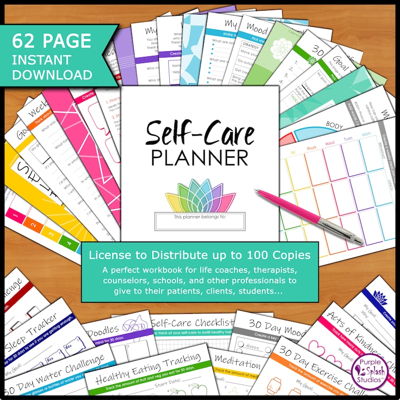 Puede incluir: Un planificador de autocuidado colorido con un dise&ntilde;o de flor rosa y el texto "Self-Care Planner". El planificador incluye hojas de trabajo para establecer objetivos, realizar un seguimiento del estado de &aacute;nimo, realizar un seguimiento del sue&ntilde;o y mucho m&aacute;s. El planificador est&aacute; dise&ntilde;ado para ayudar a las personas a priorizar su bienestar.