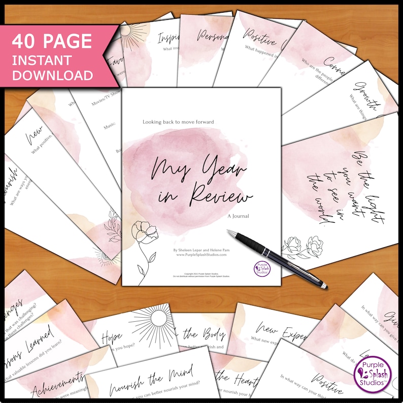 May include: A 40-page printable journal titled "My Year in Review: A Journal" with a watercolor background and floral illustrations. The journal is designed to help you reflect on the past year and set goals for the future.