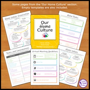 May include: A set of printable worksheets for creating a home culture. The worksheets include sections for home values, home rules, potential consequences, and virtual meeting guidelines. The worksheets are colorful and feature a variety of illustrations.