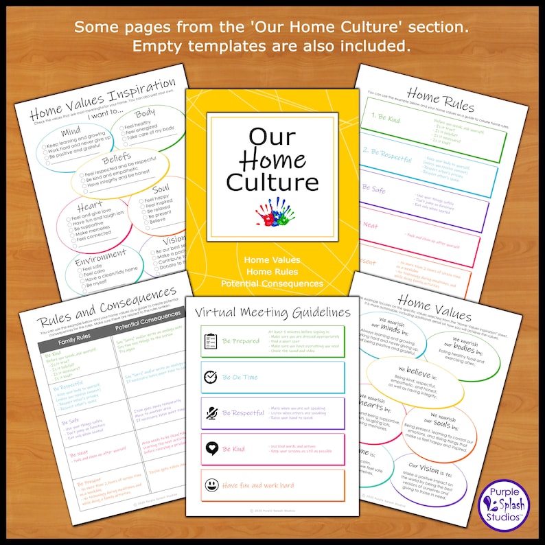 May include: A set of printable worksheets for creating a home culture. The worksheets include sections for home values, home rules, potential consequences, and virtual meeting guidelines. The worksheets are colorful and feature a variety of illustrations.