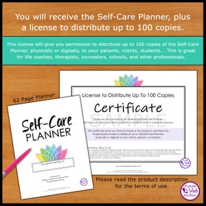 Puede incluir: Un certificado que otorga permiso para distribuir hasta 100 copias de un planificador de autocuidado de 62 p&aacute;ginas. El certificado es de Purple Splash Studios y presenta un dise&ntilde;o de flores colorido.