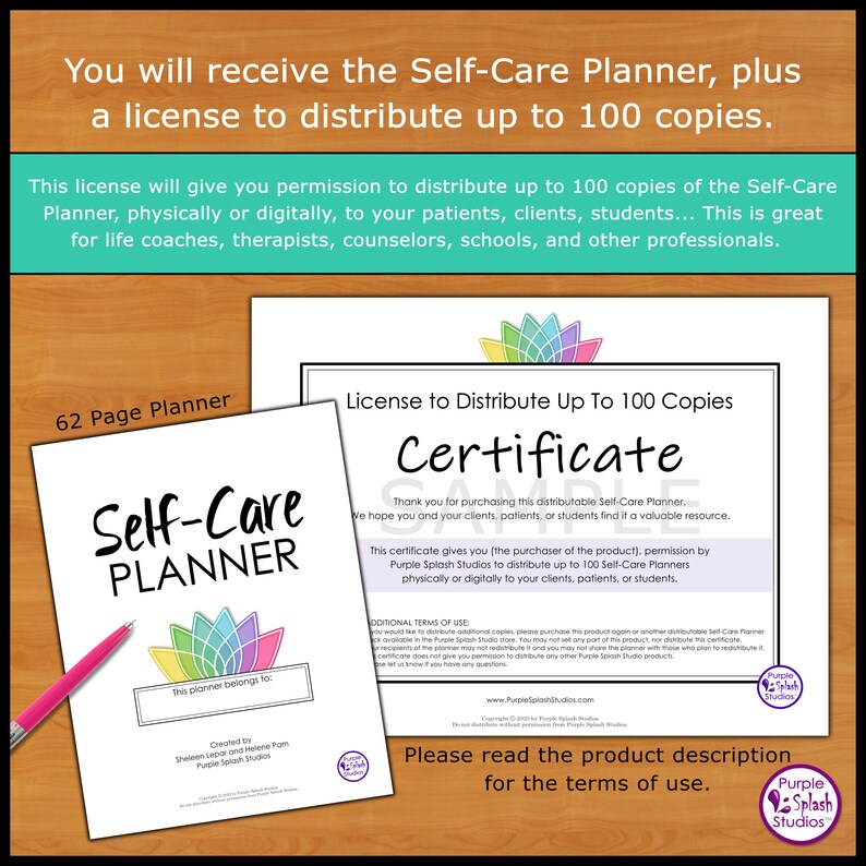 Puede incluir: Un certificado que otorga permiso para distribuir hasta 100 copias de un planificador de autocuidado de 62 p&aacute;ginas. El certificado es de Purple Splash Studios y presenta un dise&ntilde;o de flores colorido.