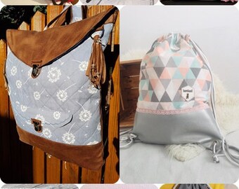 May include: A collection of eight drawstring bags featuring various patterns including geometric shapes, popsicles, dandelions, fire trucks, and paw prints. The bags are constructed from fabric with cord closures, some featuring leather-like accents and metal hardware.