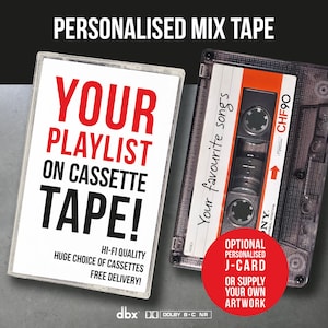 Puede incluir: Una caja de casete de plástico transparente con un inserto blanco que muestra el texto YOUR PLAYLIST ON CASSETTE TAPE! junto a un casete de audio Sony CHF90 transparente con una etiqueta blanca Your favourite songs.