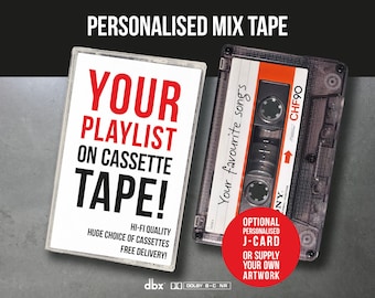 May include: A clear plastic cassette case with a white insert featuring the text YOUR PLAYLIST ON CASSETTE TAPE! next to a transparent Sony CHF90 audio cassette tape with a white label reading Your favourite songs.