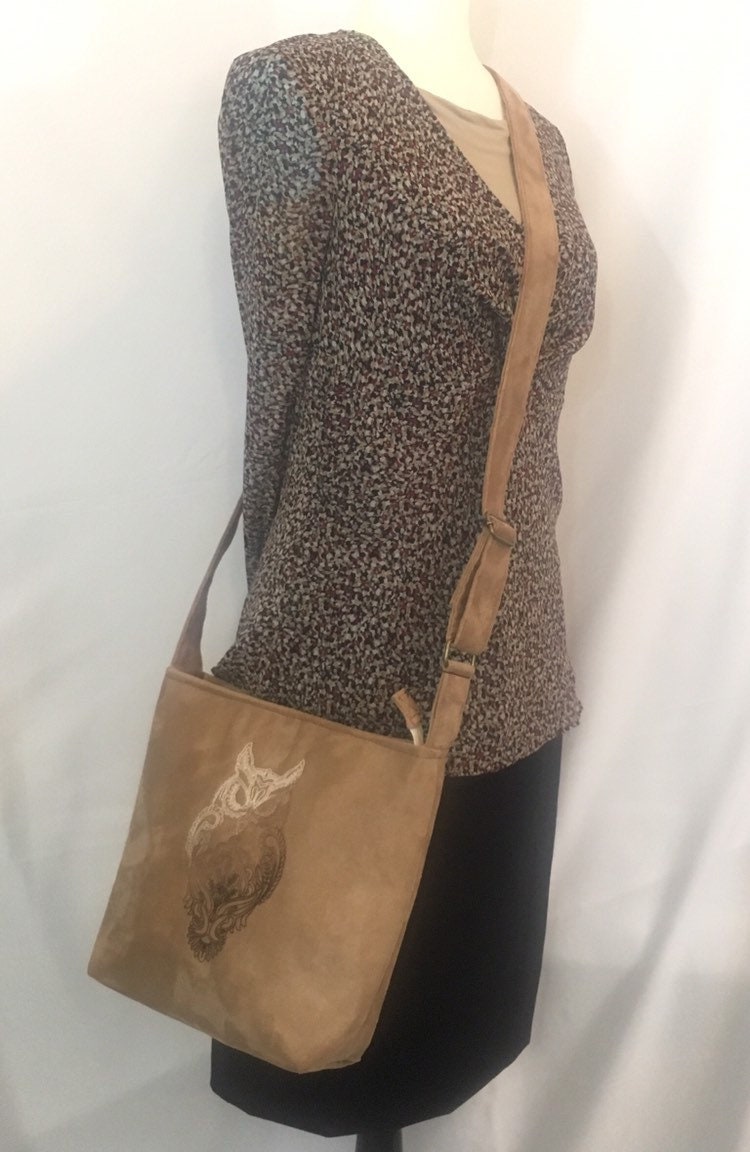 Faux suede Embroidered Owl Purse