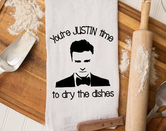 Clearance - Justin Timberlake Gifts, NSYNC, Youre Justin Time to Wash the Dishes, 50% off, Minor Flaws, Oops Towels, AS-IS, Discounted Item