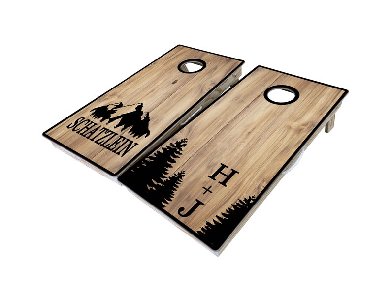 Custom Tree and Mountain Cornhole Boards, Outdoor Wedding, Trees, Adventurous Couple, Rustic Wedding, Custom Cornhole, Cornhole Boards 