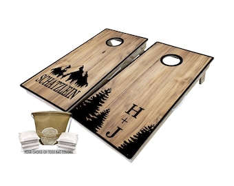 Custom Tree and Mountain Cornhole Boards, Outdoor Wedding, Trees, Adventurous Couple, Rustic Wedding, Custom Cornhole, Cornhole Boards