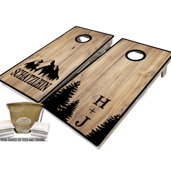 Custom Tree and Mountain Cornhole Boards, Outdoor Wedding, Trees, Adventurous Couple, Rustic Wedding, Custom Cornhole, Cornhole Boards