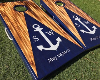 Custom Wedding Cornhole Boards Anchor and Triangle Stain, Burnt Wood, Cornhole Boards, Rustic Wedding, Nautical Wedding, Gift Idea