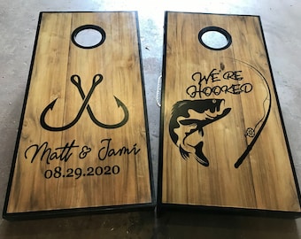 Custom Fishing Cornhole Boards, Outdoor Wedding, We're Hooked, Adventurous Couple, Fishing, Fish hooks, Custom Cornhole Boards Fishing Theme