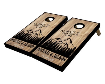 Always on Mountain Time Rustic Barnwood Cornhole, Custom Cornhole Boards, Mountain Theme Cornhole Boards, Personalized Gift, Gift Idea