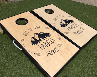 Mountain and Arrow Custom Cornhole Boards, Bag Toss, Wedding Anniversary Gift, Rustic Cornhole, Custom Cornhole Boards, Mountain Theme