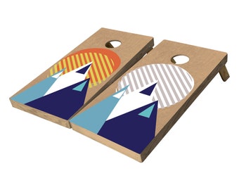 Geometric Mountain Landscape Cornhole Boards, Cornhole, Trees, Adventurous Couple Gift, Rustic Wedding, Custom Cornhole Boards