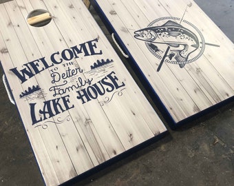 Lake House Custom Cornhole Boards, Custom Cornhole, Lake House, Fishing, Anniversary Gift, Custom Gift Idea, Lake Life Cornhole Boards