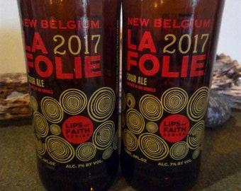 New Belgium Beer Pint Set (2), Salvaged Beer Bottle Glasses Cut From "La Folie", Lips of Faith Limited Edition Series