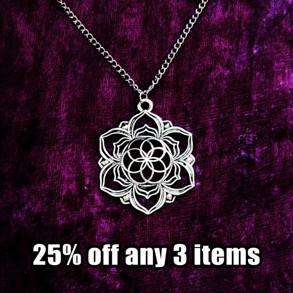 Sacred geometry mandala necklace on steel chain - various lengths available