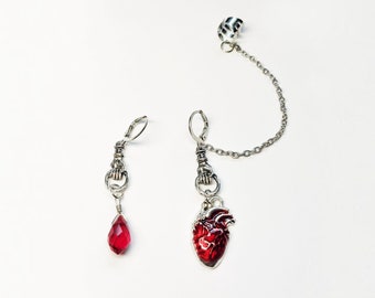 Bleeding Anatomical Heart Halloween mismatched earrings with ear cuff