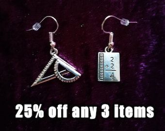 Mismatched earrings - maths sum and mathematical rulers drop earrings - hypoallergenic option