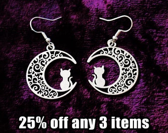 Cat in the moon decorative spiral crescent earrings - hypoallergenic option