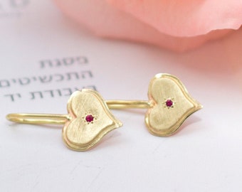 18K Gold Heart Earrings for Women, Gold Ruby Earrings, Valentine Jewelry, 18k Gold Heart Earrings, Gold Drop Earrings, Ruby Heart Earrings