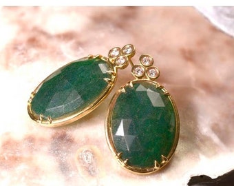 18K Gold Green Aventurine Earrings, Gold Oval Earrings, Statement Earrings, Big Studs Earrings, Bohemian Earrings, Gold Vintage Earrings