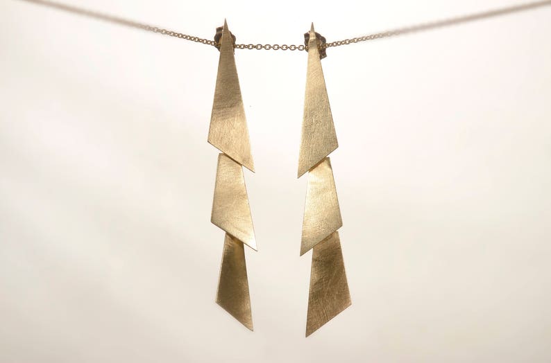 14K Gold Triangle Earrings, Geometric Earrings Gold Long Earrings, Gold Drop Earrings, Chunky Earrings, Boho Earrings, Gold Dangle Earrings image 1