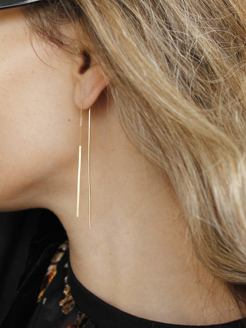 Gold Dangle Earrings Long chain earrings Solid Gold Etsy