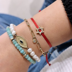 デビッドスター付きレッドスレッドブレスレット14Kゴールド