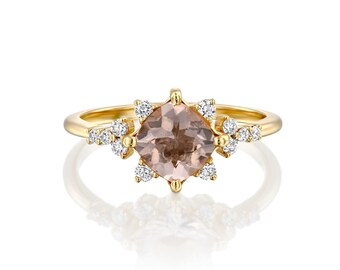 18 kt gouden verlovingsring in vintagestijl: perzikroze morganiet diamanten halo fijne sieraden