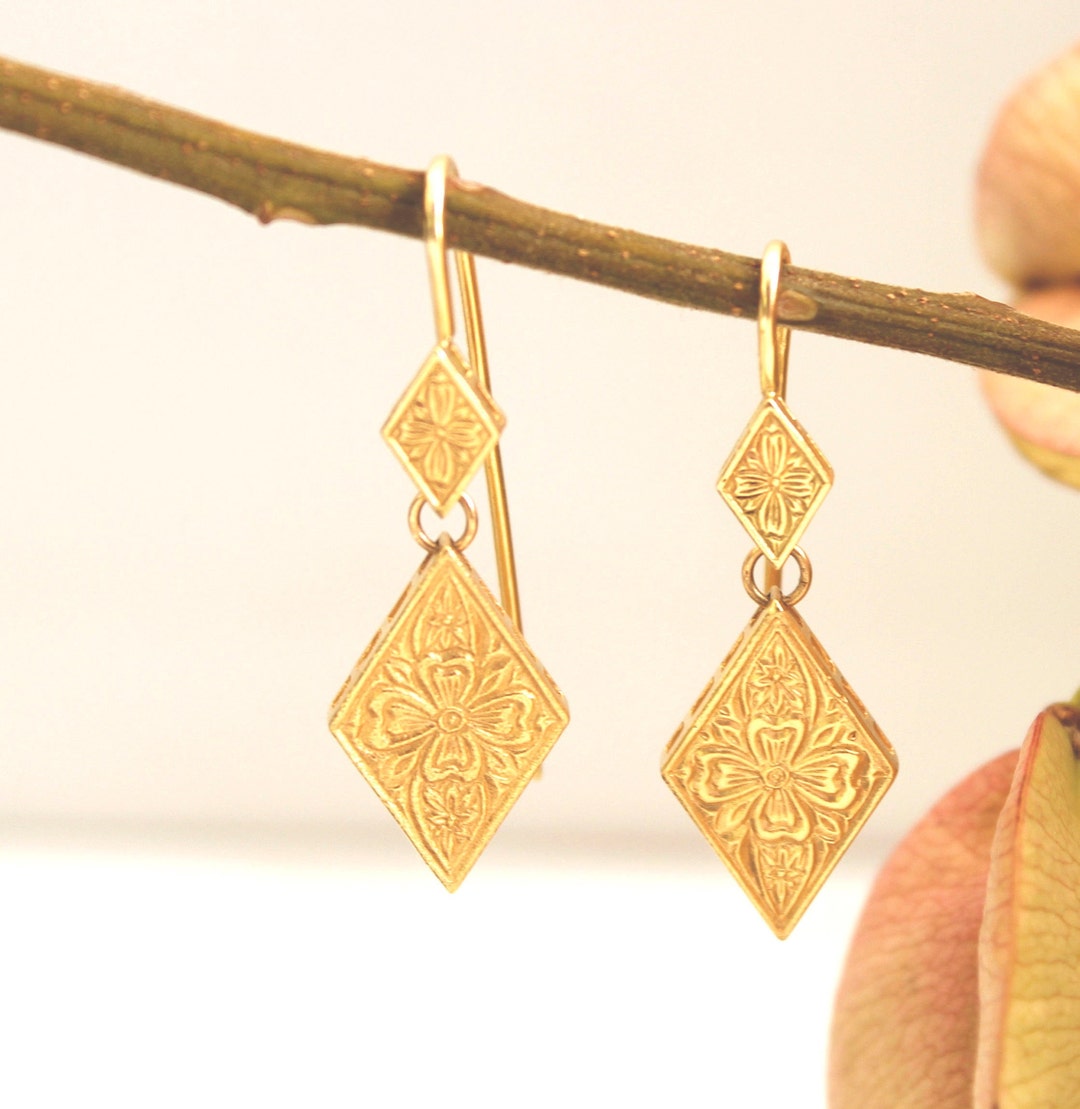 Vintage Style Gold Earrings, Ethnic Earrings, 18k Yellow Gold, 18k Gold Earrings, Solid Gold ...