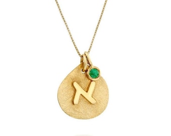 Solid Gold Personalized Letter Necklace with Gemstone Charm