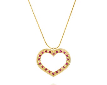Gold Stone Necklace, Gold Heart Pendant Necklace, Gold Ruby Necklace, Solid Gold Pendant, July Birthstone,Solid Gold Jewelry, 14k gold heart