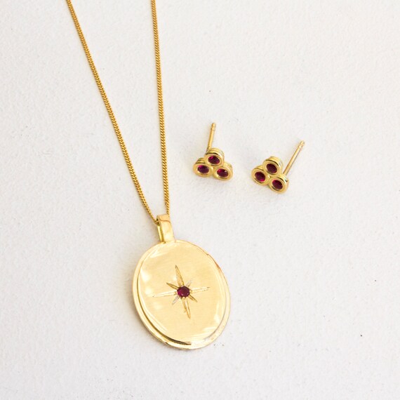 Gold Ruby Jewelry Set Necklace Stud Earrings - 18k Gold Pendant Set