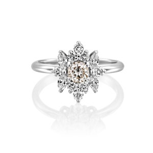 14K White Gold Vintage Engagement Ring, Floral Engagement Ring for Women