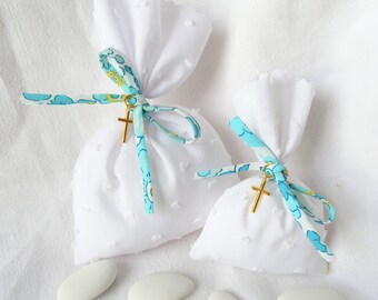 WHITE - MINT and GOLD - White satin cotton candy bag, Liberty Betsy Mint & Lemon ribbon + golden cross. Baptism, marriage, communion.