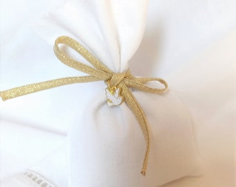 PURITY - WHITE & GOLD Pouch for sweets in old vintage linen, golden cord and enameled dove of peace cross for baptism, wedding, communion