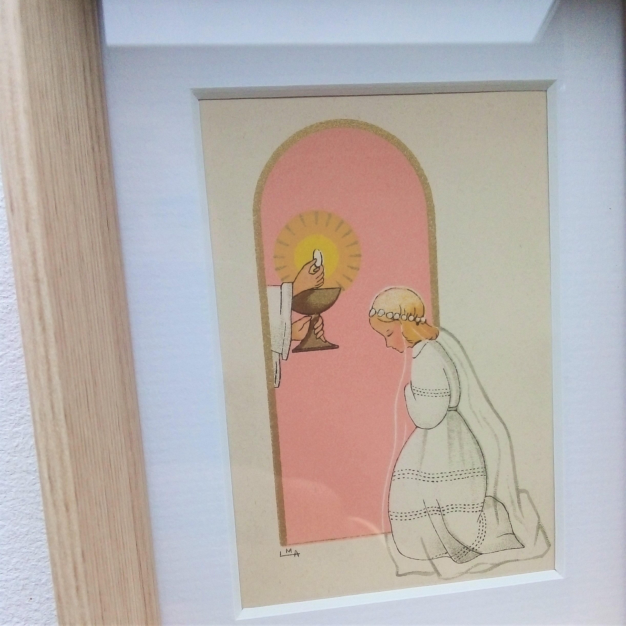 Image Religieuse Anciennes Encadrées Communion, Naissance, Baptême, Mariage, Fiançailles Marraine Pa