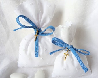 BLUE & WHITE and GOLD - White plumetis cotton favor bag, blue Liberty Capel ribbon + gold cross. Baptism, marriage, communion.