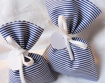 NAVY - BLUE & WHITE Candy bag in navy blue and white striped cotton and matte white cotton ribbon for baptism, wedding, communion