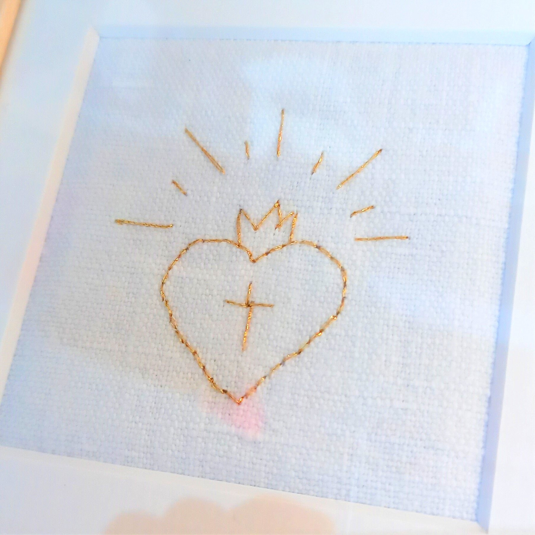 Ex-Voto Brodé Au Fil d'or sur Une Toile Ancienne Encadré Cadeau Noël, Communion, Naissance, Baptême,