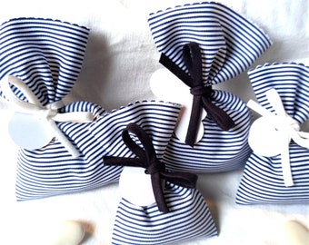 NAVY - BLUE & WHITE Bag of navy blue and white striped cotton favors with matte navy blue cotton ribbon for baptism, wedding