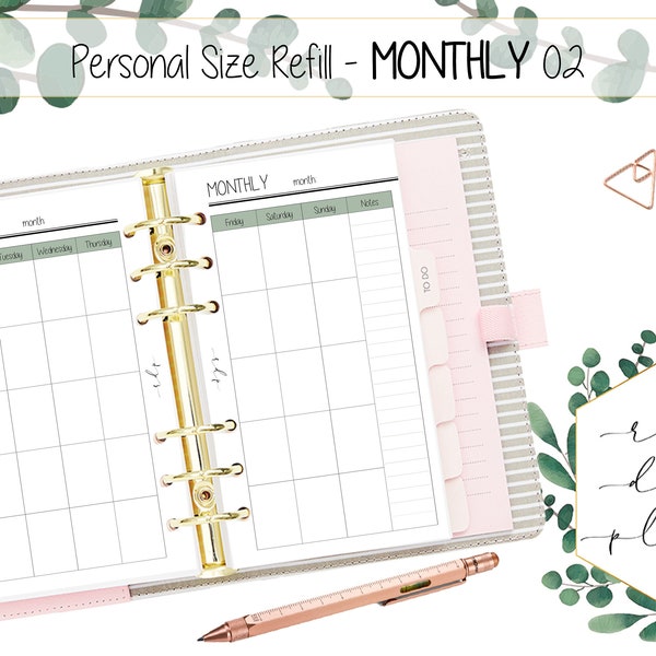 PRINTABLE Personal Size Monthly Planner Month on two pages Monthly Undated Monthly Calendar Printable Planner Pages Ring Bound Refill PRINT