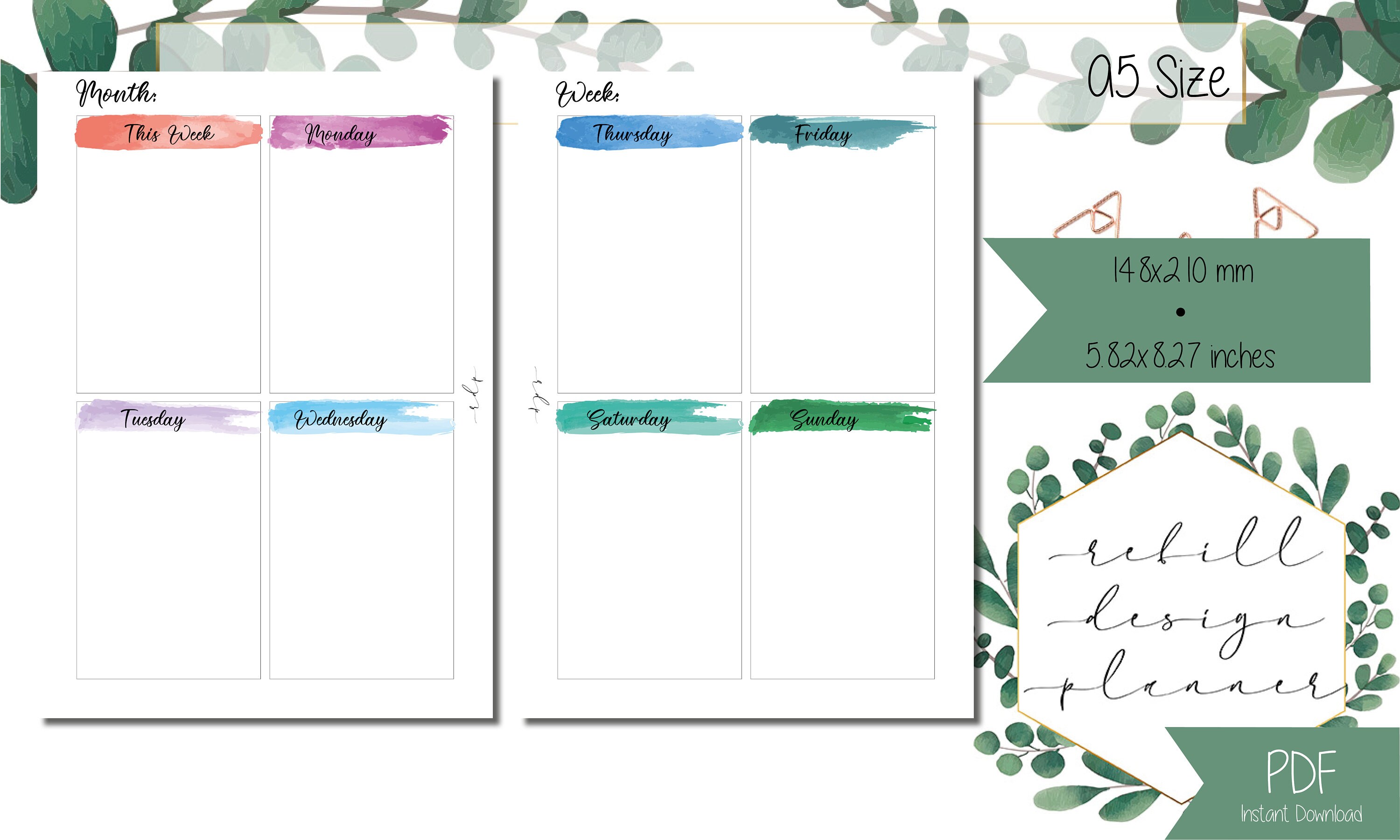 PRINTABLE A5 Size Weekly Planner Refill Vertical Layout Week - Etsy