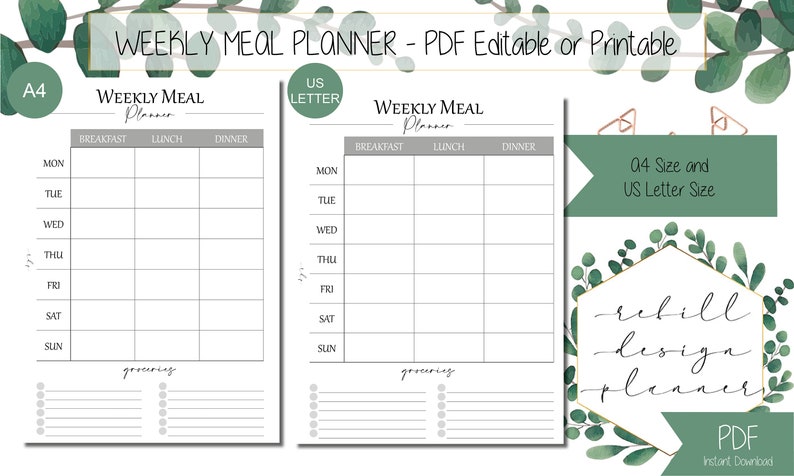 Editable & Printable PDF Weekly Meal Planner A4 and US Letter Size