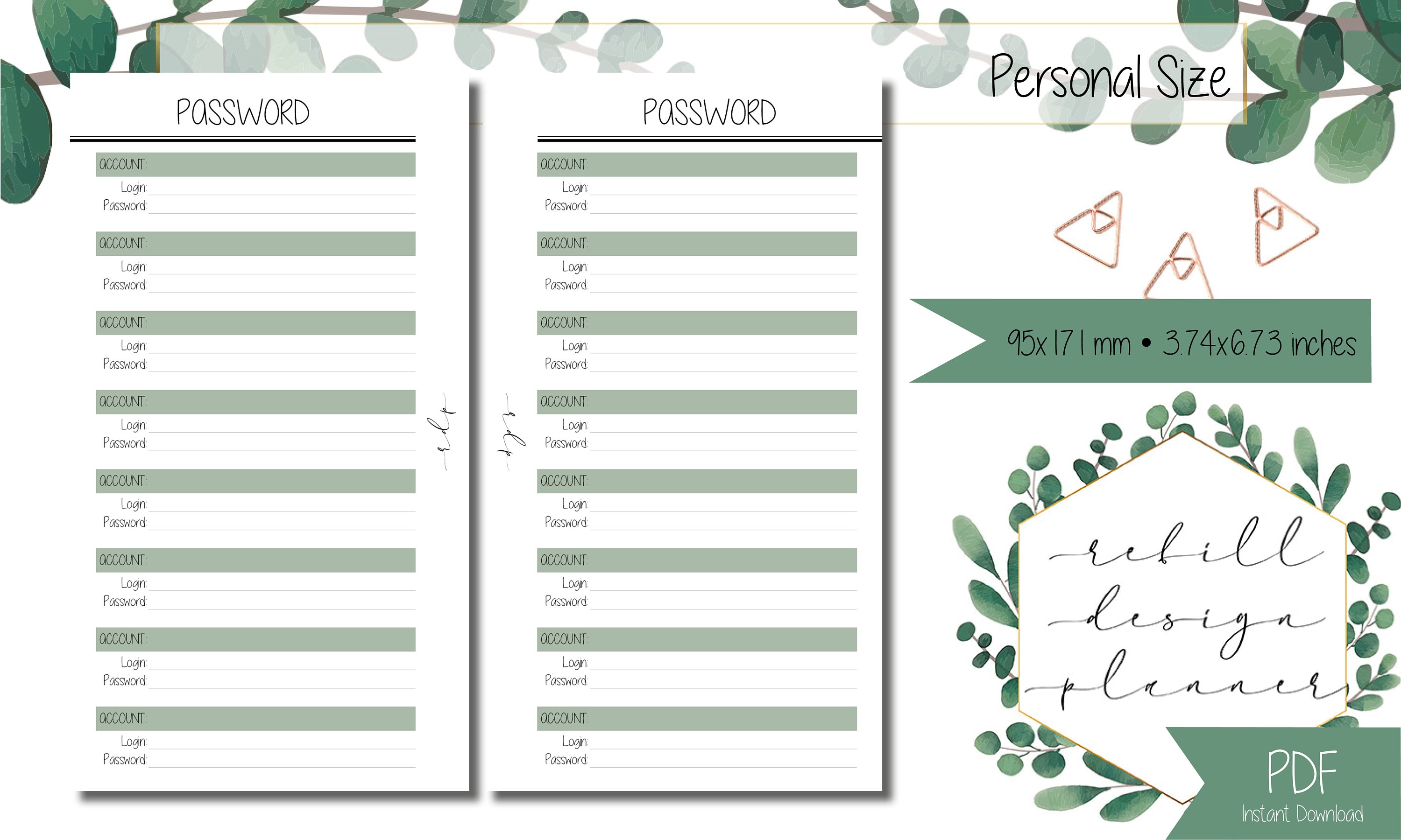 PRINTABLE Personal Size Password Planner Password Tracker Password ...